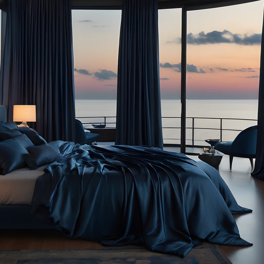 Parure de lit en soie bleu marine