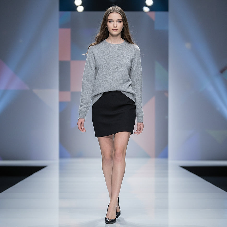 Damenpullover silbergrau - Rundhals, 100% Kaschmir